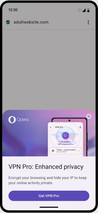 Opera showing a VPN Pro sheet about enhanced privacy while a sensitive website is open
